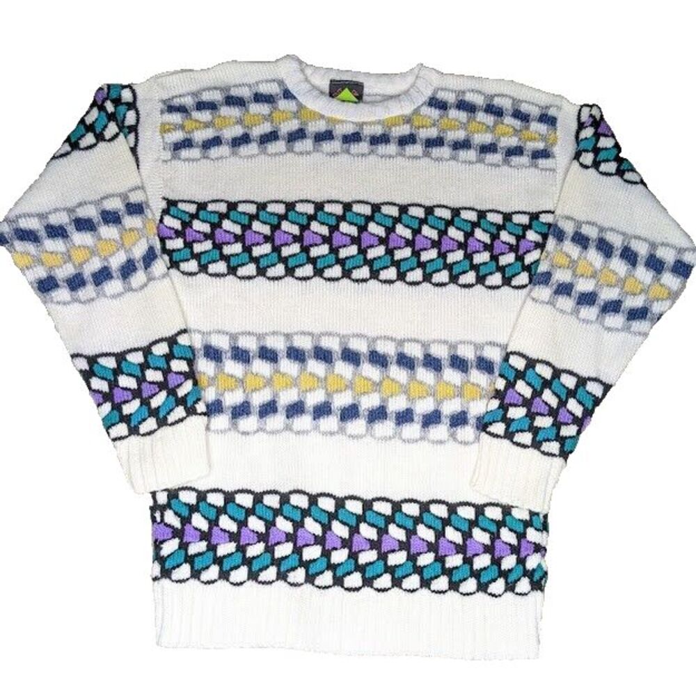 Vintage 1980s Sweater Womens Large Out of Bounds Patterned Dad Knit Crewneck